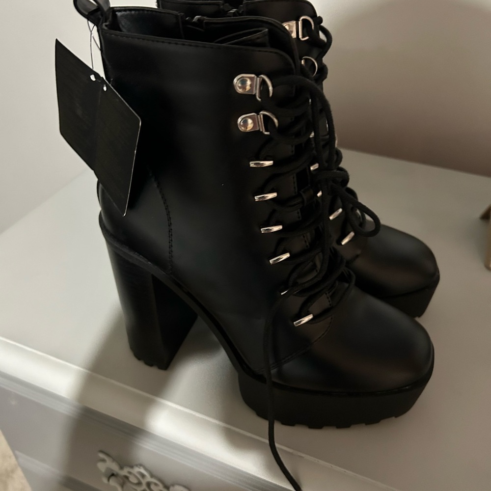 Forever 21 Black Lace Up Boots with Rugged Sole